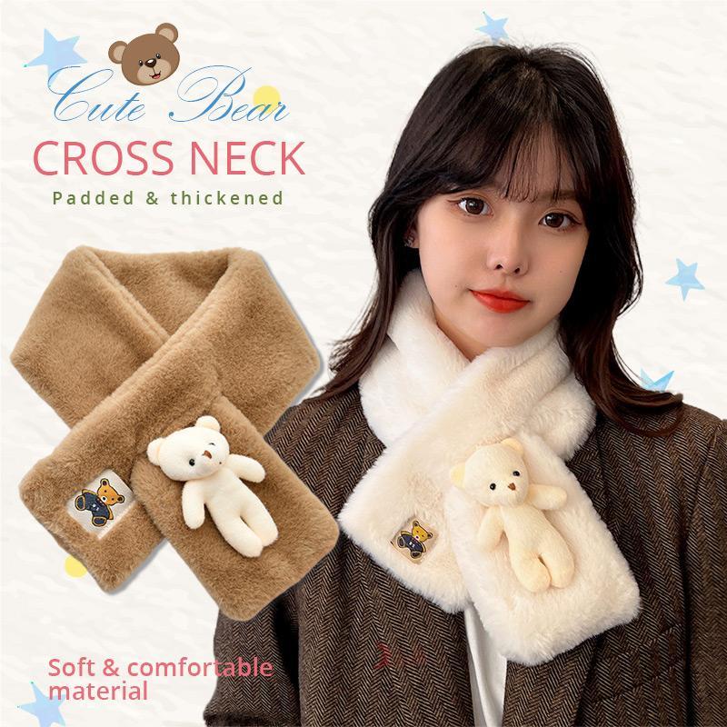 🔥Christmas gift cute bear cross neck bear scarf winter cartoon solid color cold protection warm outdoor windproof scarf head protection neck plush neck cover🔥