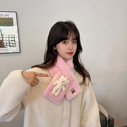 🔥Christmas gift cute bear cross neck bear scarf winter cartoon solid color cold protection warm outdoor windproof scarf head protection neck plush neck cover🔥