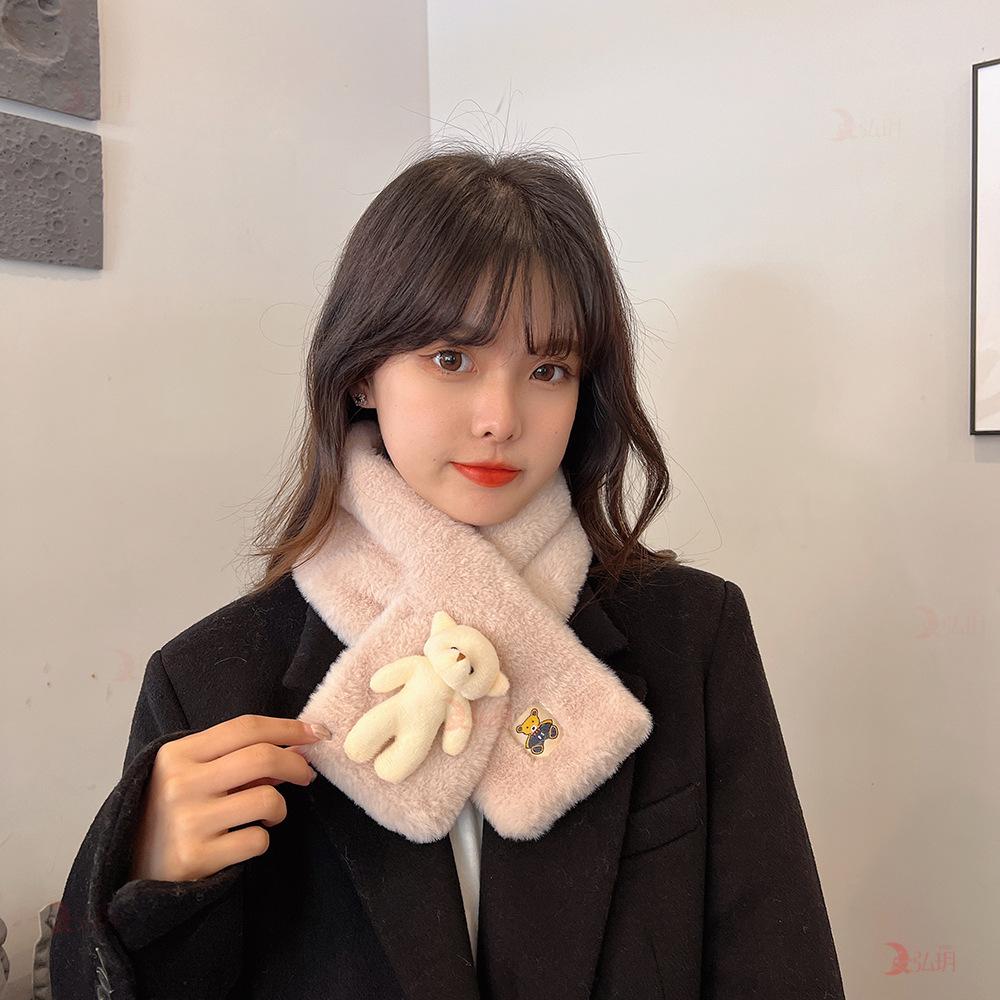 🔥Christmas gift cute bear cross neck bear scarf winter cartoon solid color cold protection warm outdoor windproof scarf head protection neck plush neck cover🔥